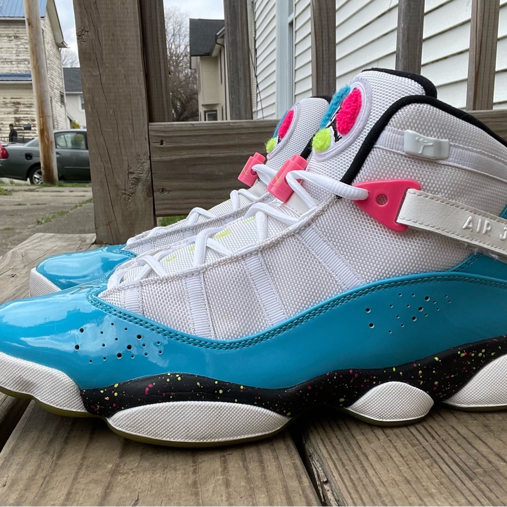 Jordan High-Top Sneakers in White, Bright Blue & Hot Pink